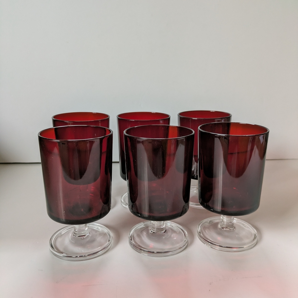 6 Vintage Ruby Red Stemmed Wine Glasses Goblets Luminarc France  Retro Glassware